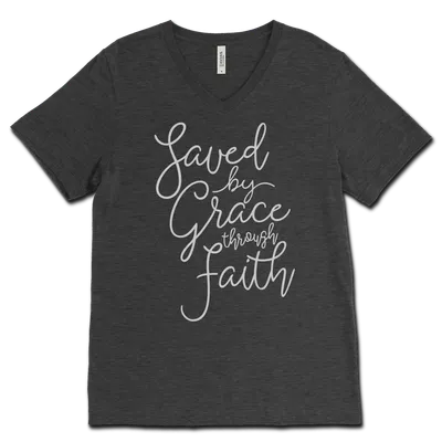 Saved By Grace Through Faith Script V-Neck Tee
